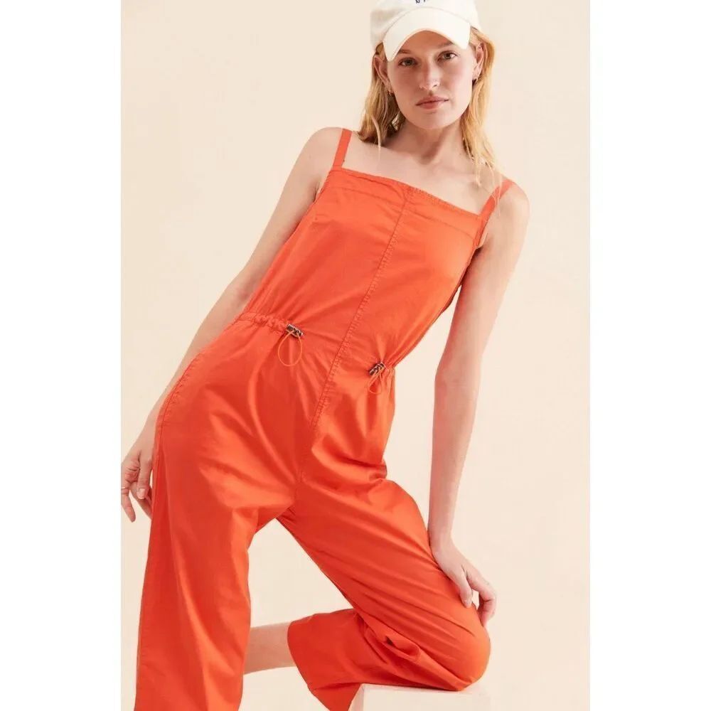 Pistola Sz L Adela Wide-Leg Jumpsuit Orange Anthropologie Utility Cotton Blend